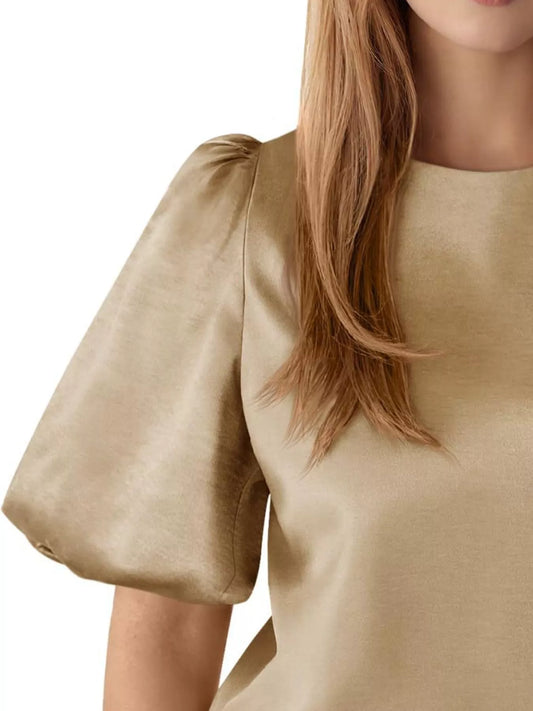Round Neck Puff Sleeve Satin Top