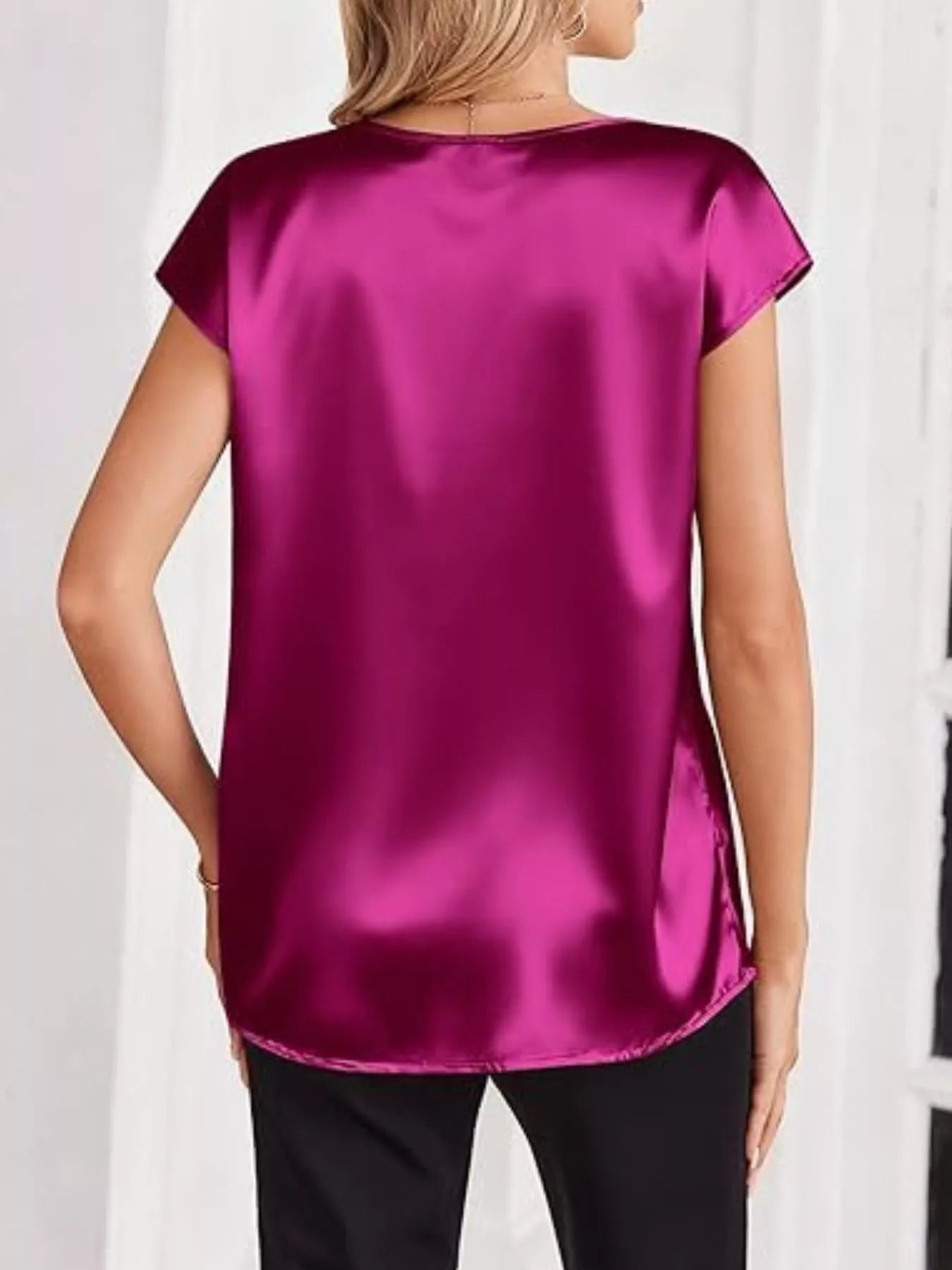 Satin V-Neck Short Sleeve Blouse