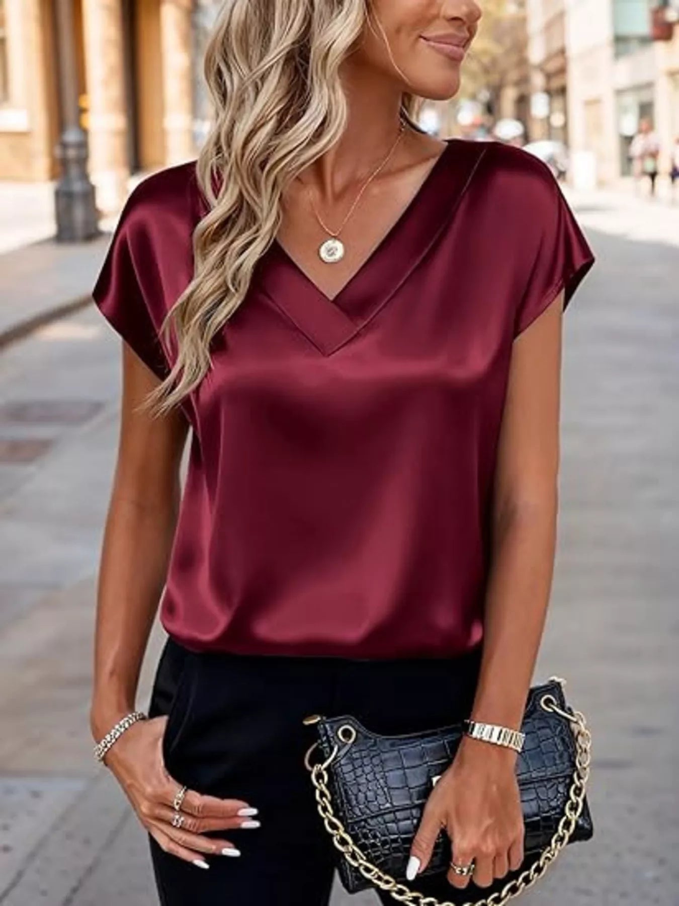 Satin V-Neck Short Sleeve Blouse