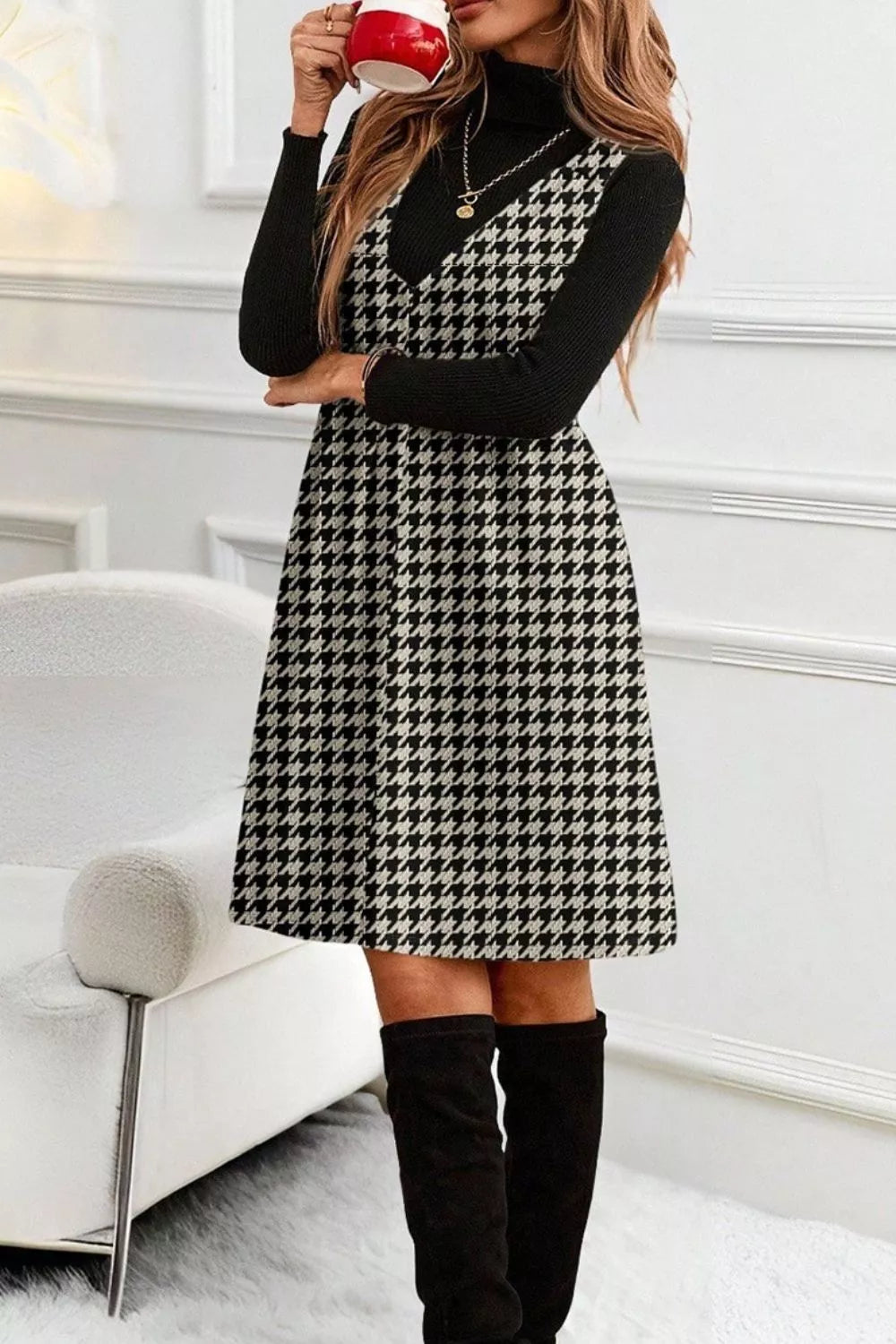Houndstooth V-Neck Sleeveless Mini Dress