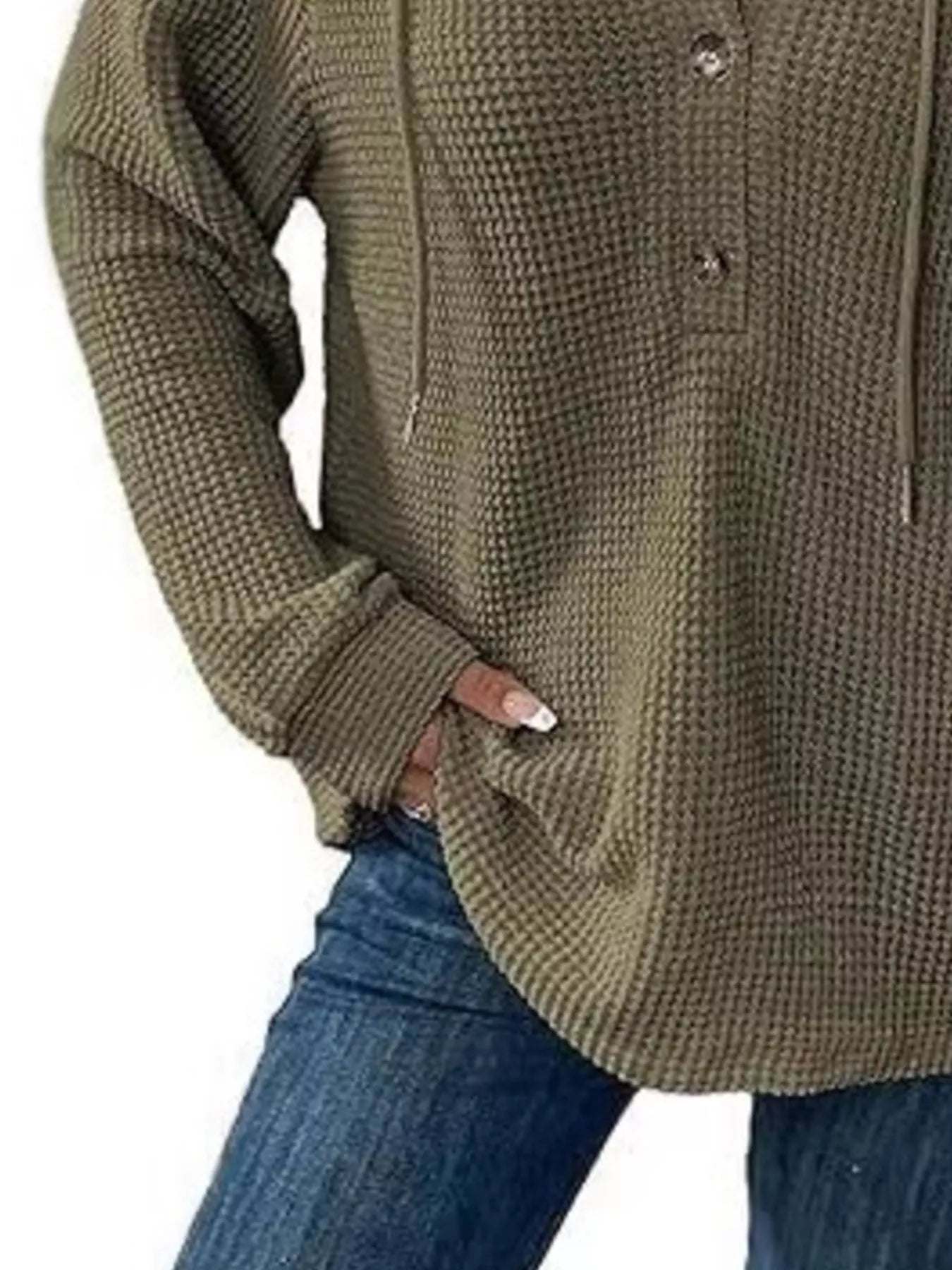 Full Size Button Detail Waffle Knit Hoodie Plus Size