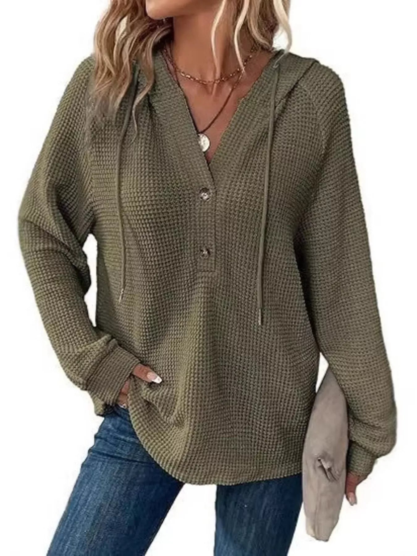 Full Size Button Detail Waffle Knit Hoodie Plus Size