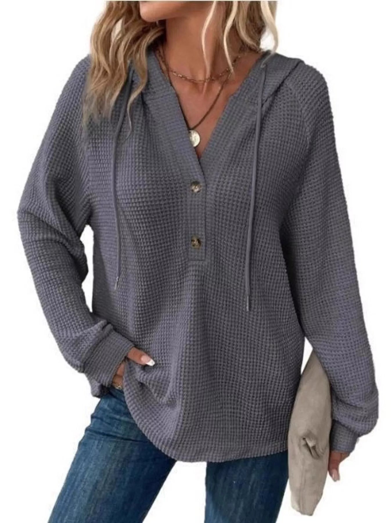 Full Size Button Detail Waffle Knit Hoodie Plus Size