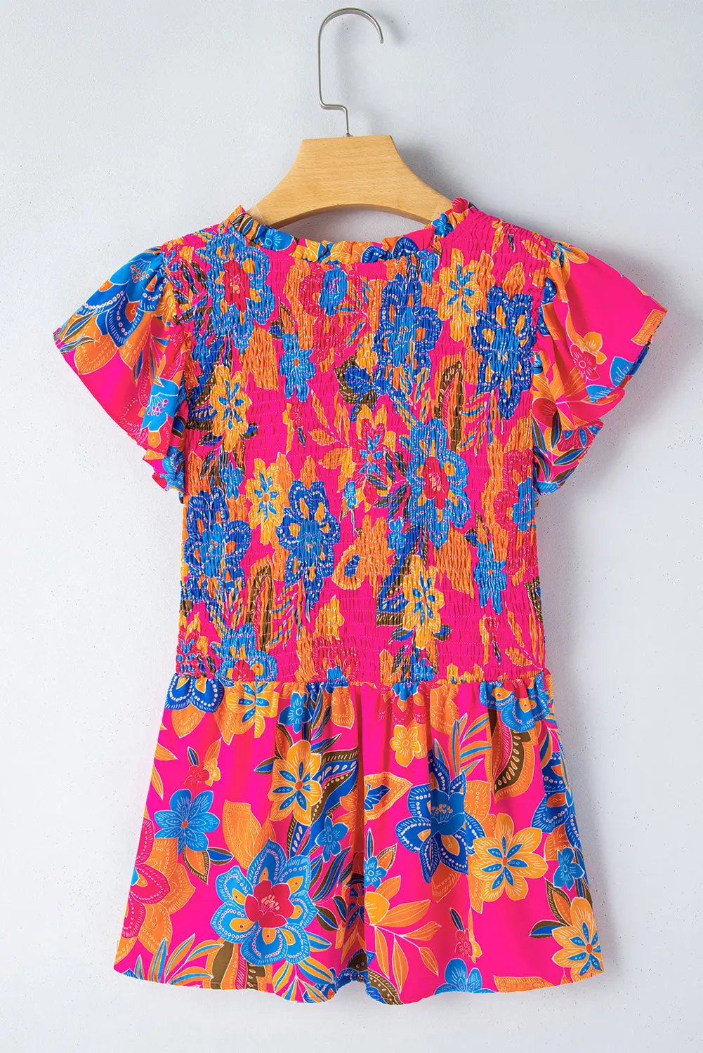Women's Smocked Blouse Blouse - Floral Smocked - Flutter Sleeve Ruffle Trim