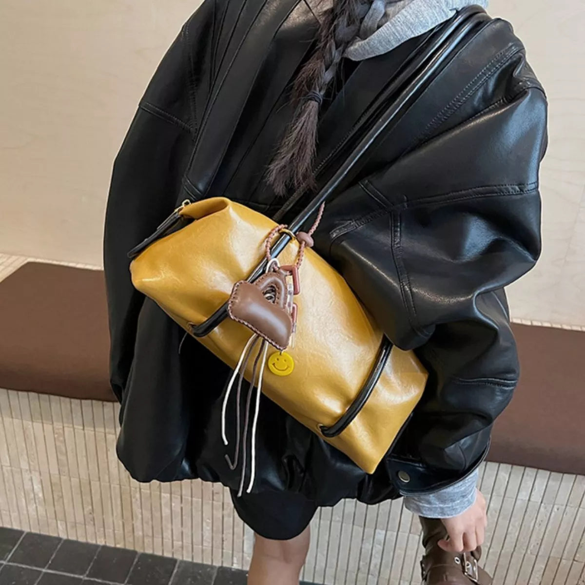 Leather Shoulder Bag with Charm