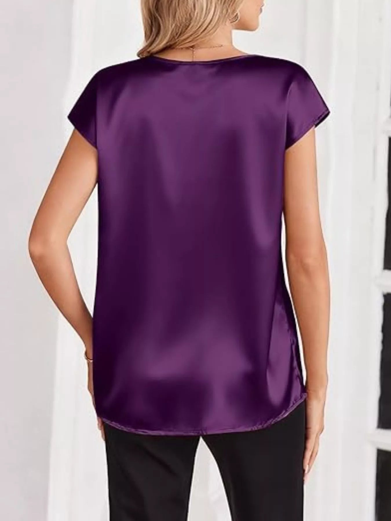 Satin V-Neck Short Sleeve Blouse