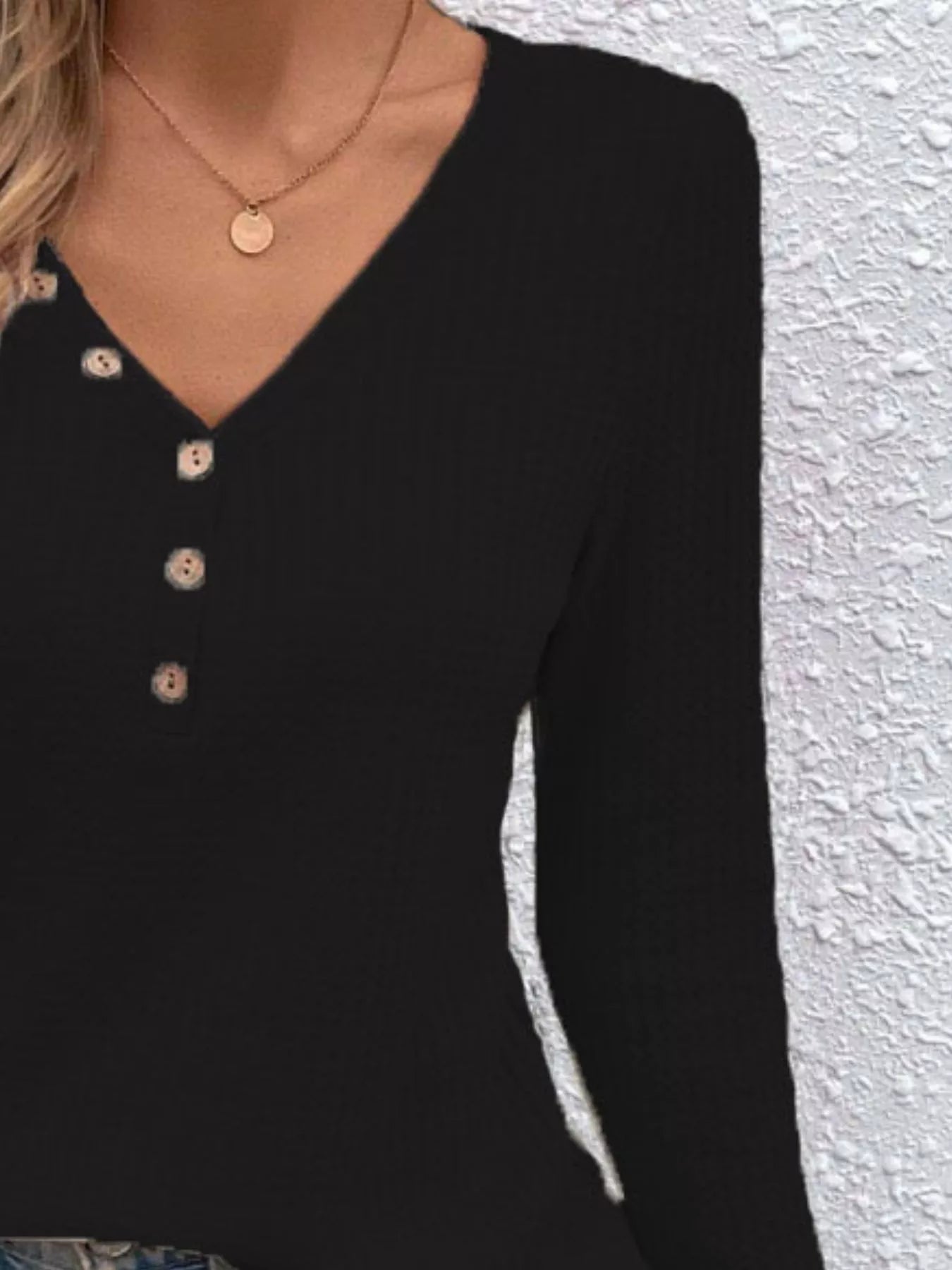 Waffle Knit Button-Detail V-Neck T-Shirt
