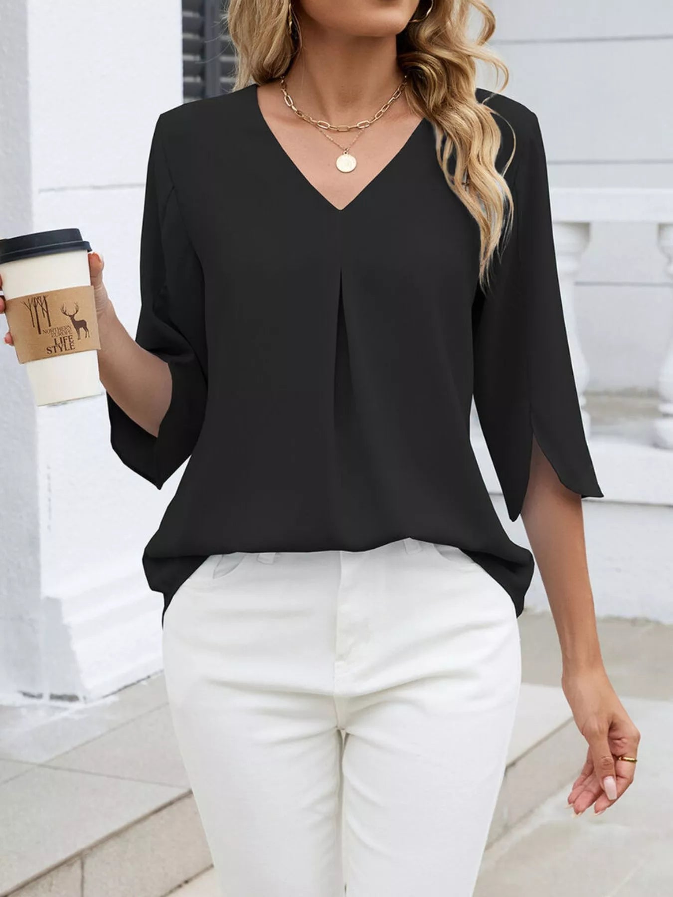 V-Neck 3/4 Sleeve Blouse