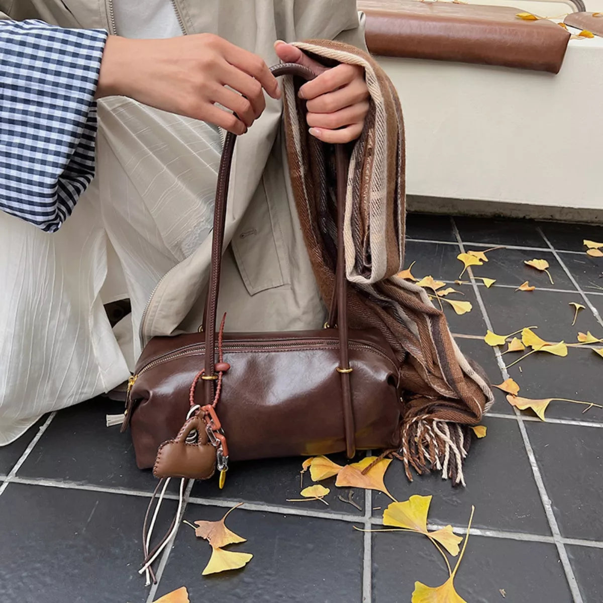Leather Shoulder Bag with Charm