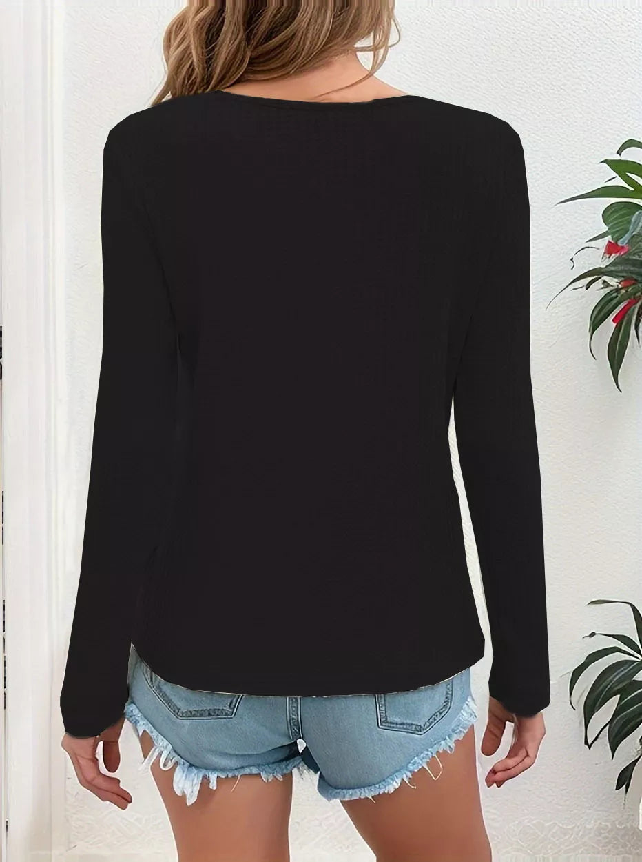 Waffle Knit Button-Detail V-Neck T-Shirt
