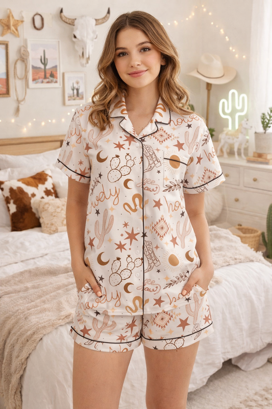 Yeehaw Howdy 2 Piece Satin Pajamas Short Set