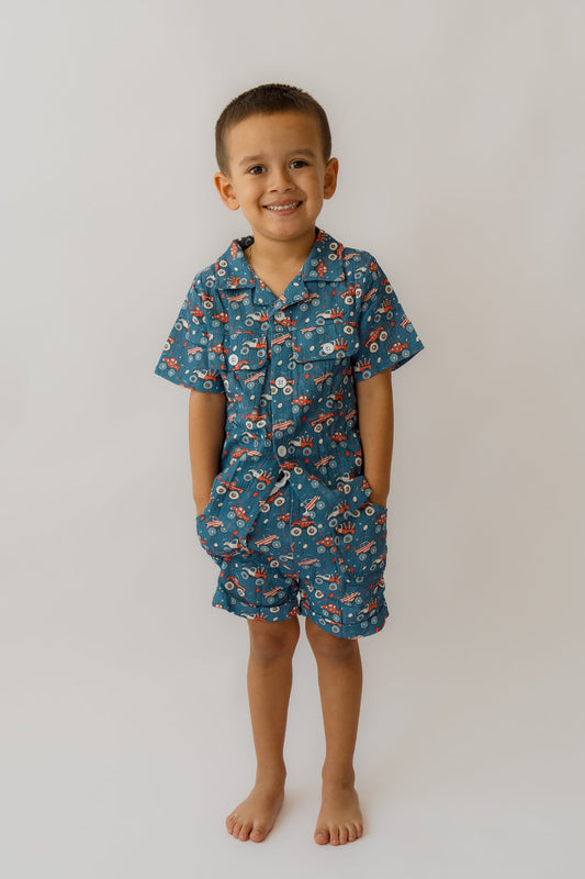 Fireworks & Trucks Muslin Button Up + Short Set