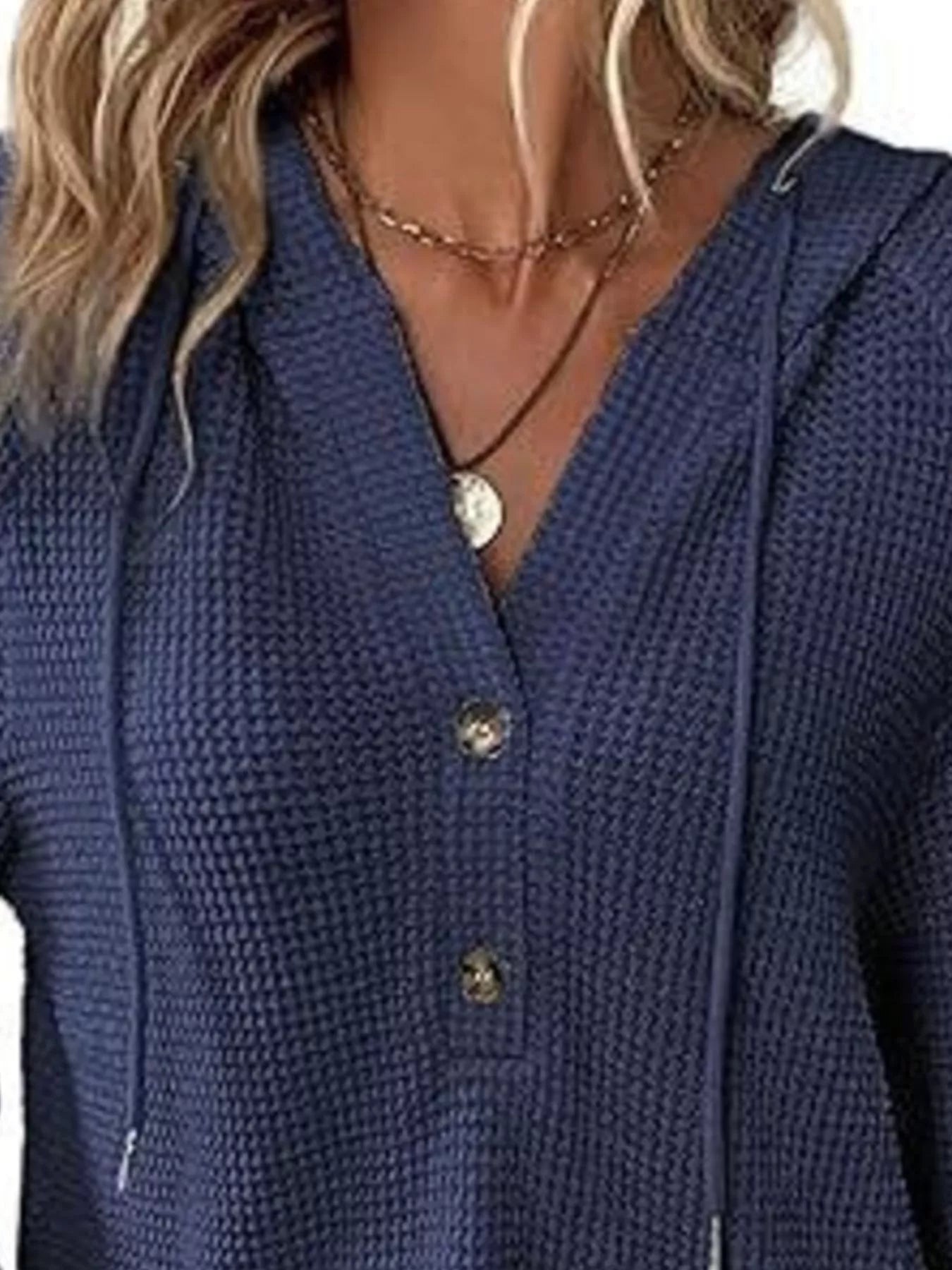 Full Size Button Detail Waffle Knit Hoodie Plus Size