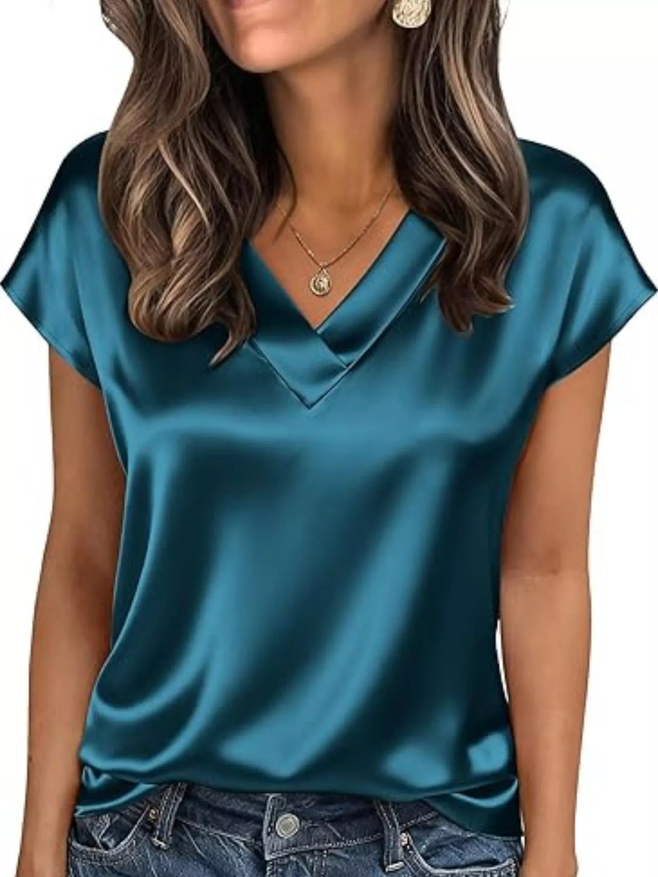 Satin V-Neck Short Sleeve Blouse