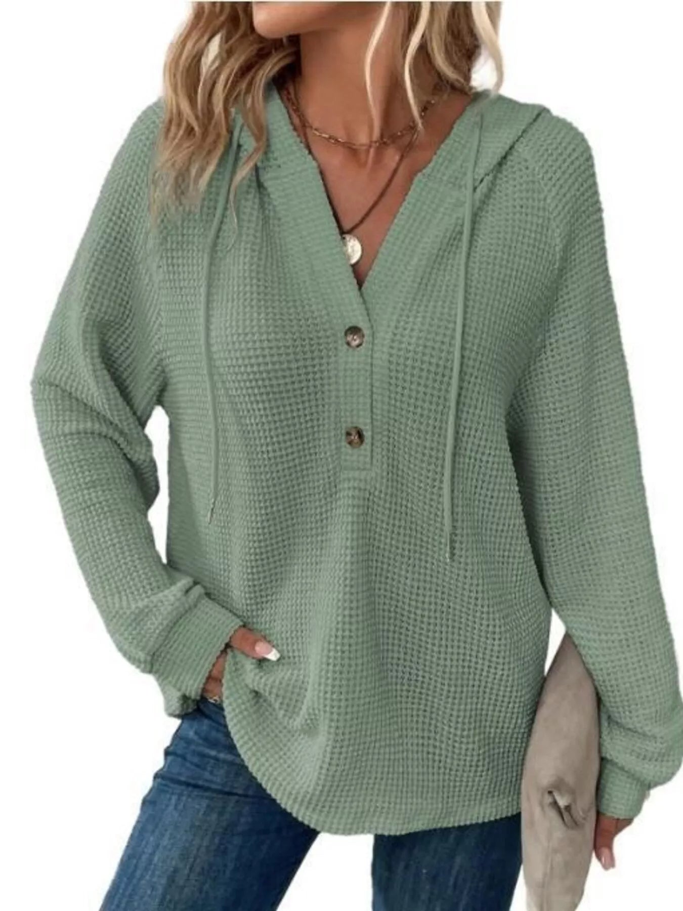Full Size Button Detail Waffle Knit Hoodie Plus Size
