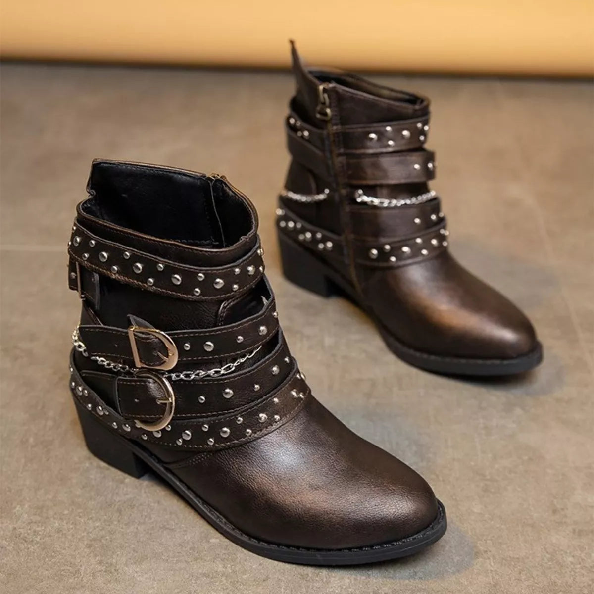 Studded Buckle Ankle Boots