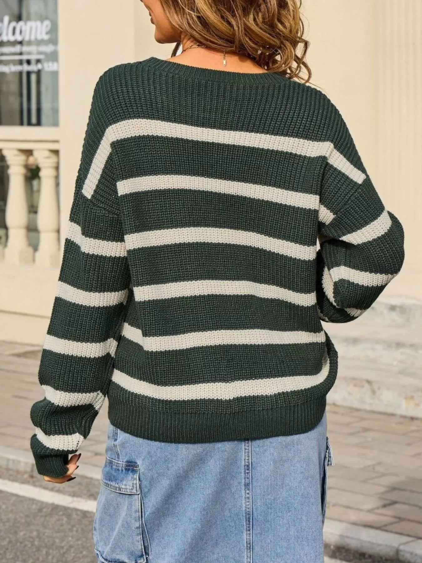 Striped Round Neck Dropped Shoulder Sweater