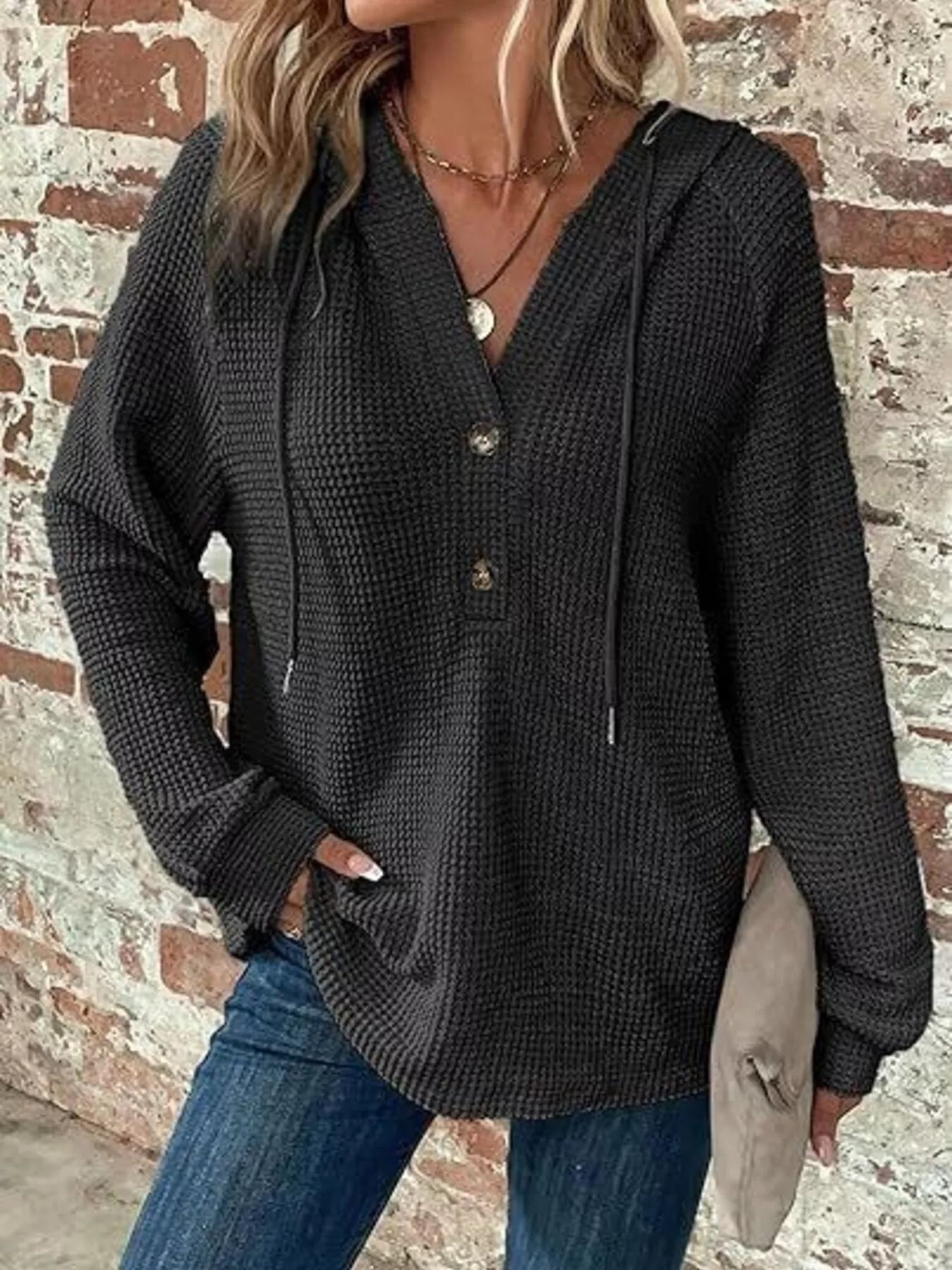 Full Size Button Detail Waffle Knit Hoodie Plus Size