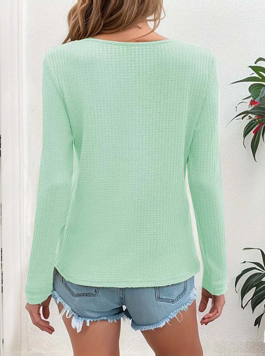 Waffle Knit Button-Detail V-Neck T-Shirt