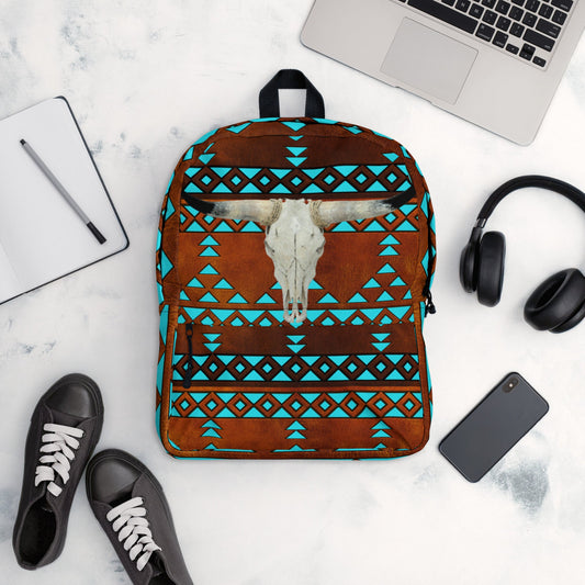 Turquoise Aztec Bull Skull Backpack