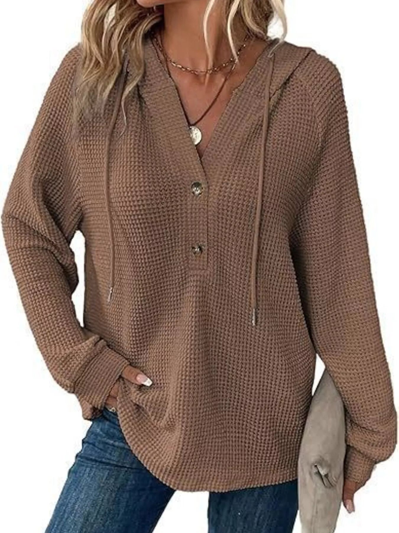 Full Size Button Detail Waffle Knit Hoodie Plus Size