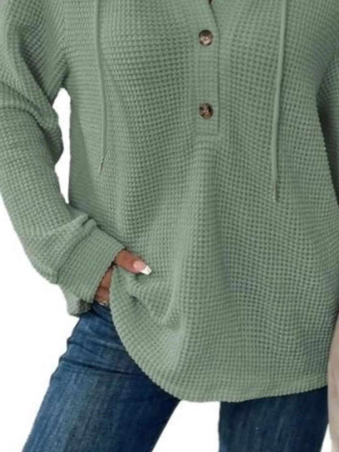 Full Size Button Detail Waffle Knit Hoodie Plus Size