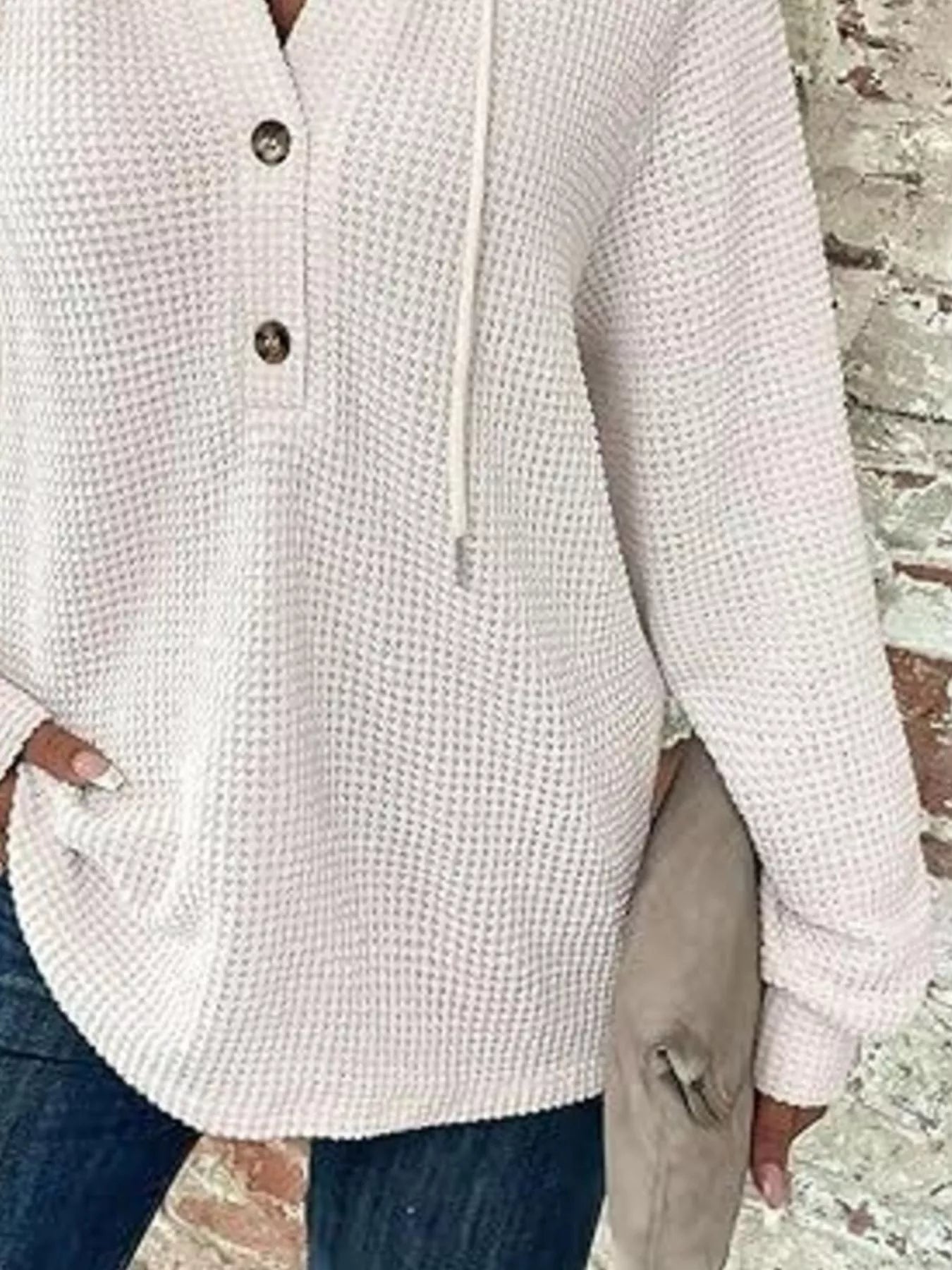 Full Size Button Detail Waffle Knit Hoodie Plus Size