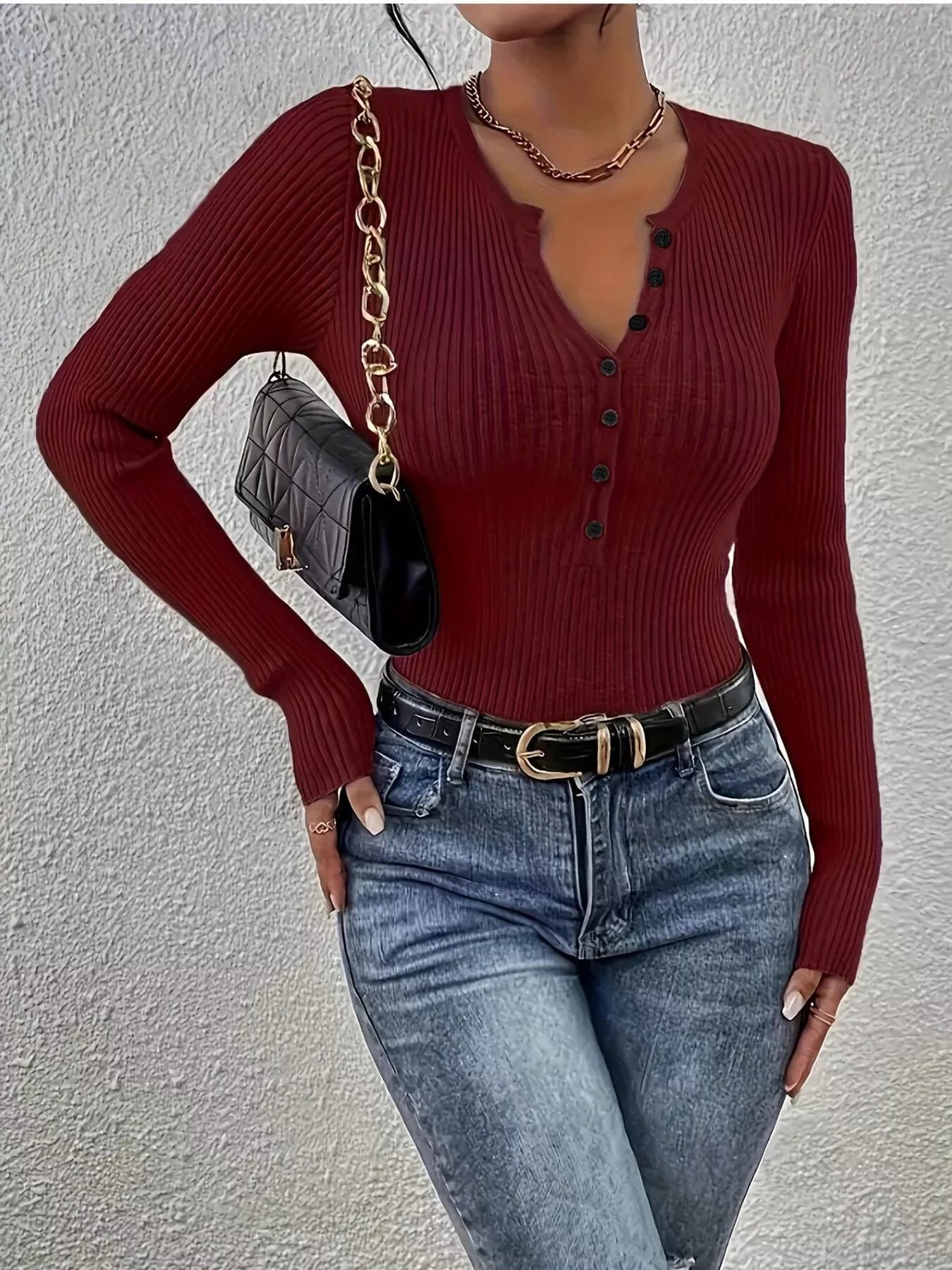 Ribbed Knit Button Front Knit Top