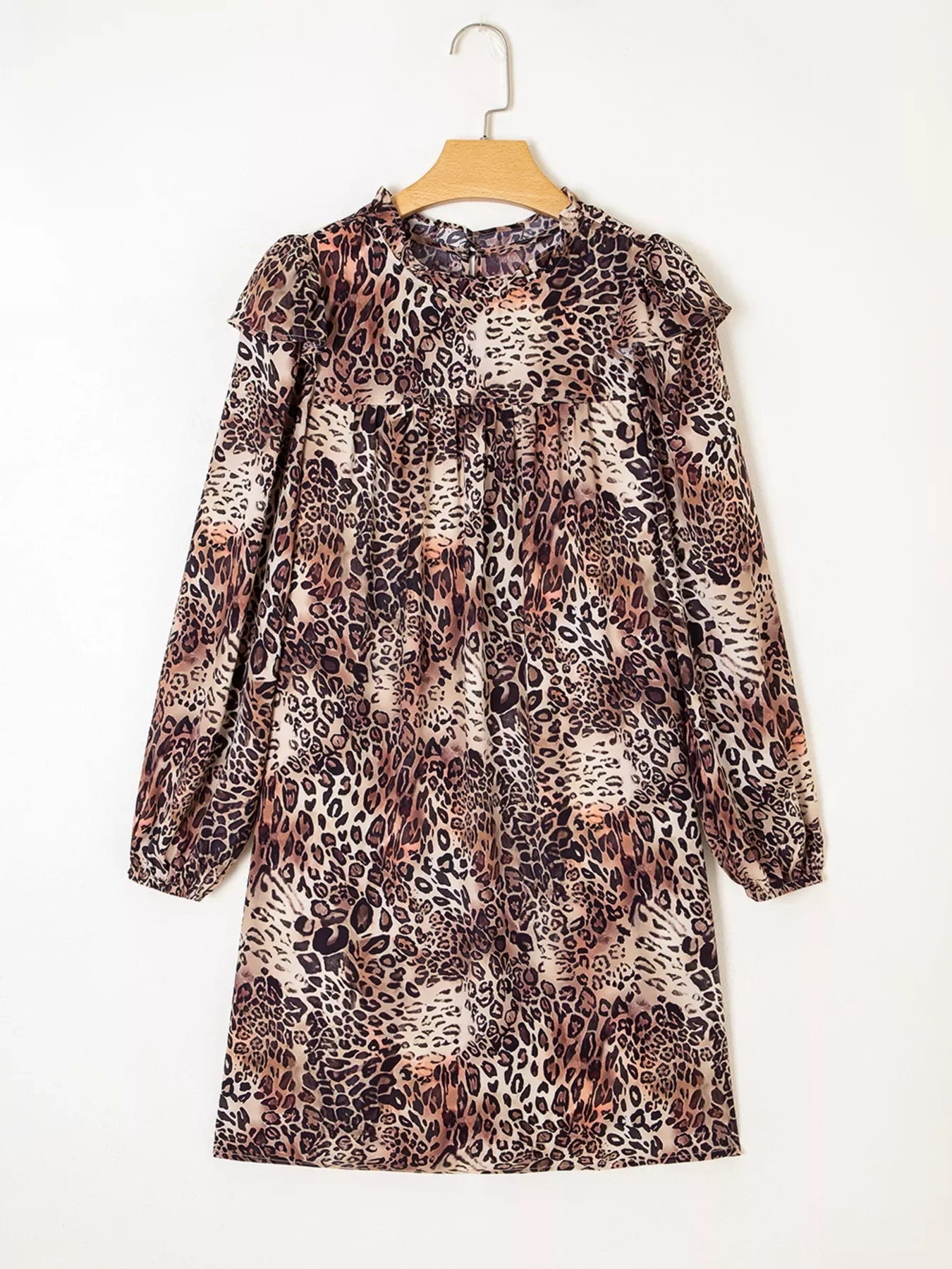 Leopard Ruffled Detail Long Sleeve Loose Mini Dress