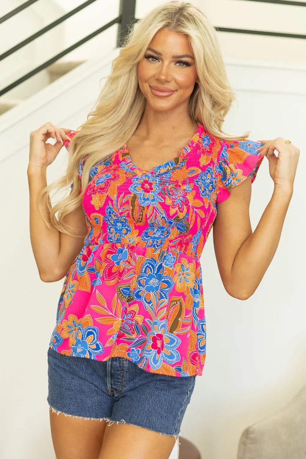 Women's Smocked Blouse Blouse - Floral Smocked - Flutter Sleeve Ruffle Trim