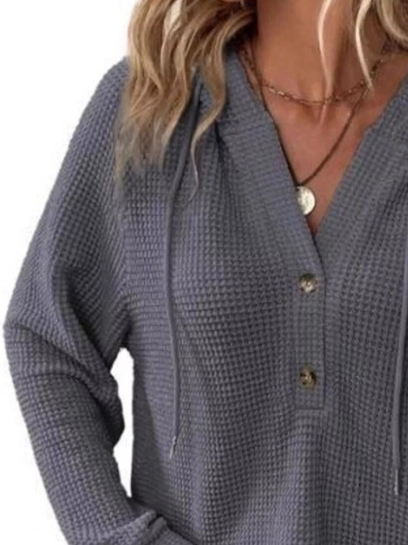 Full Size Button Detail Waffle Knit Hoodie Plus Size