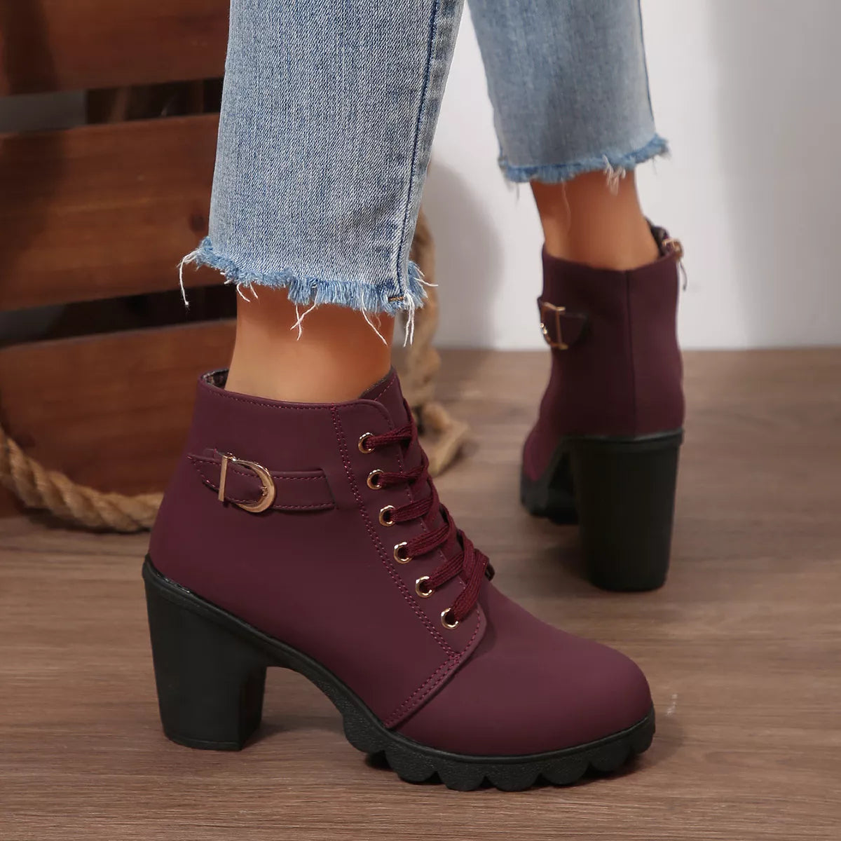 Lace-Up Buckle Chunky Heel Ankle Boots