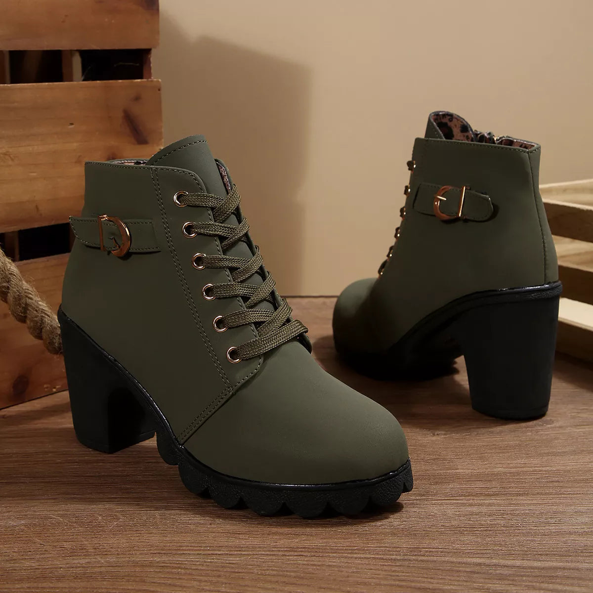 Lace-Up Buckle Chunky Heel Ankle Boots
