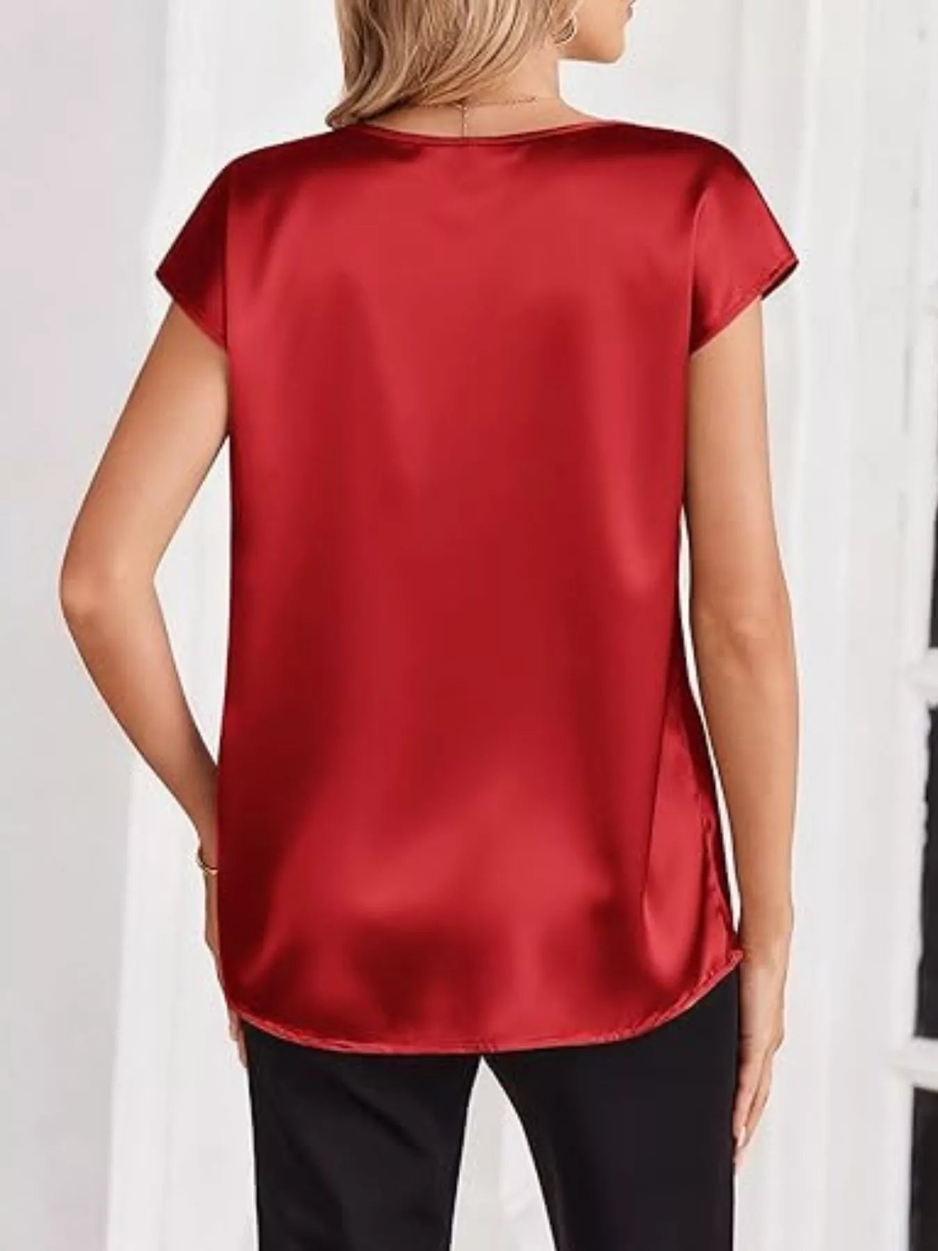 Satin V-Neck Short Sleeve Blouse
