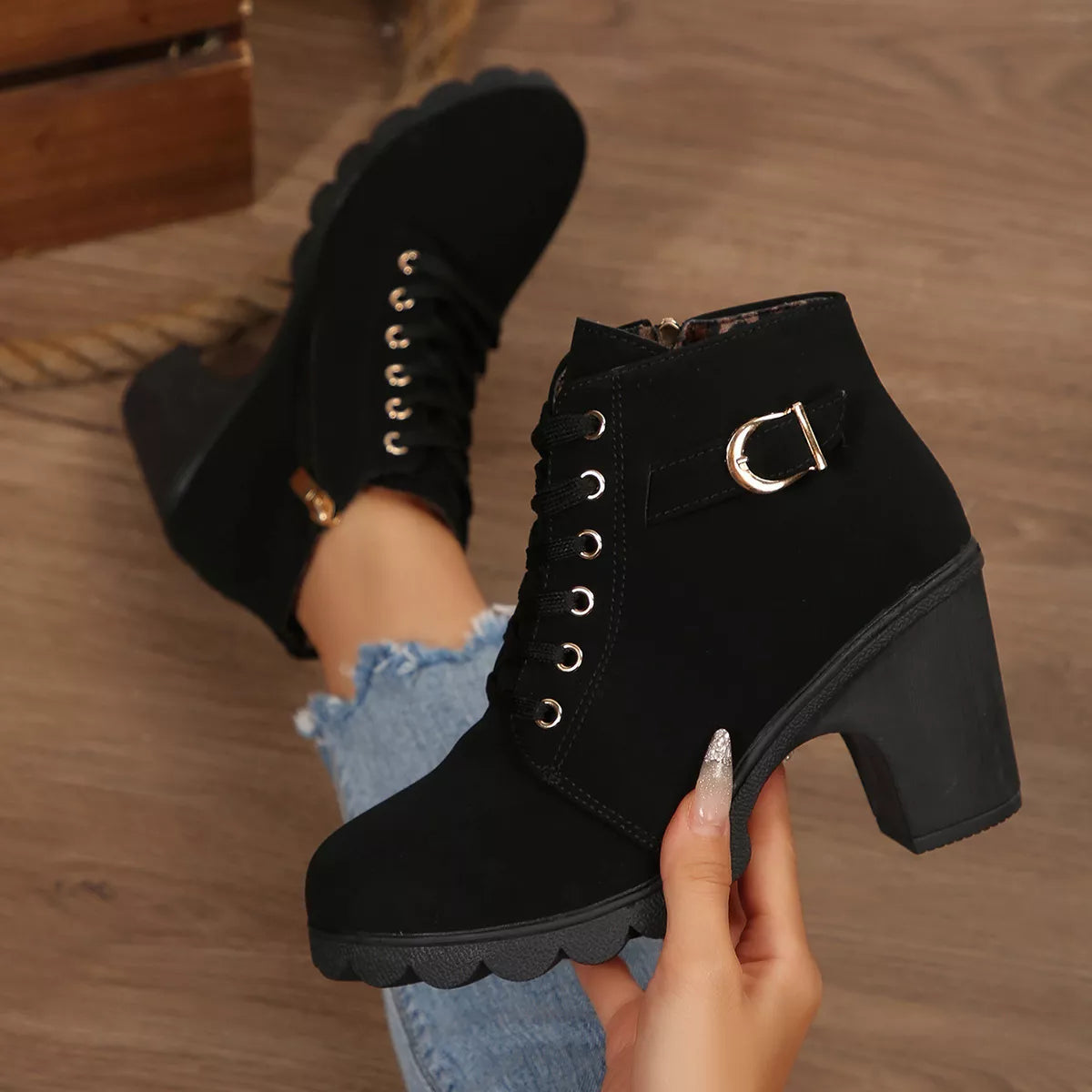Lace-Up Buckle Chunky Heel Ankle Boots