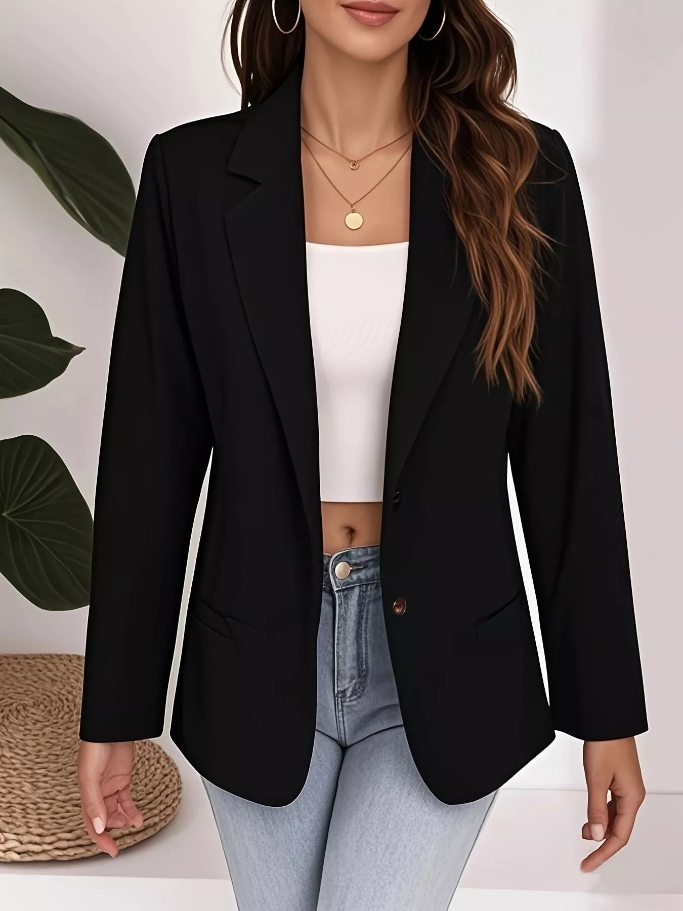 Plus Size Lapel Collar Single-Button Blazer