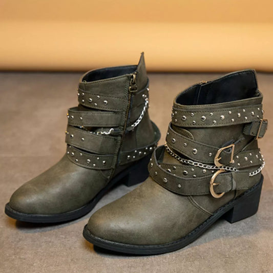 Studded Buckle Ankle Boots