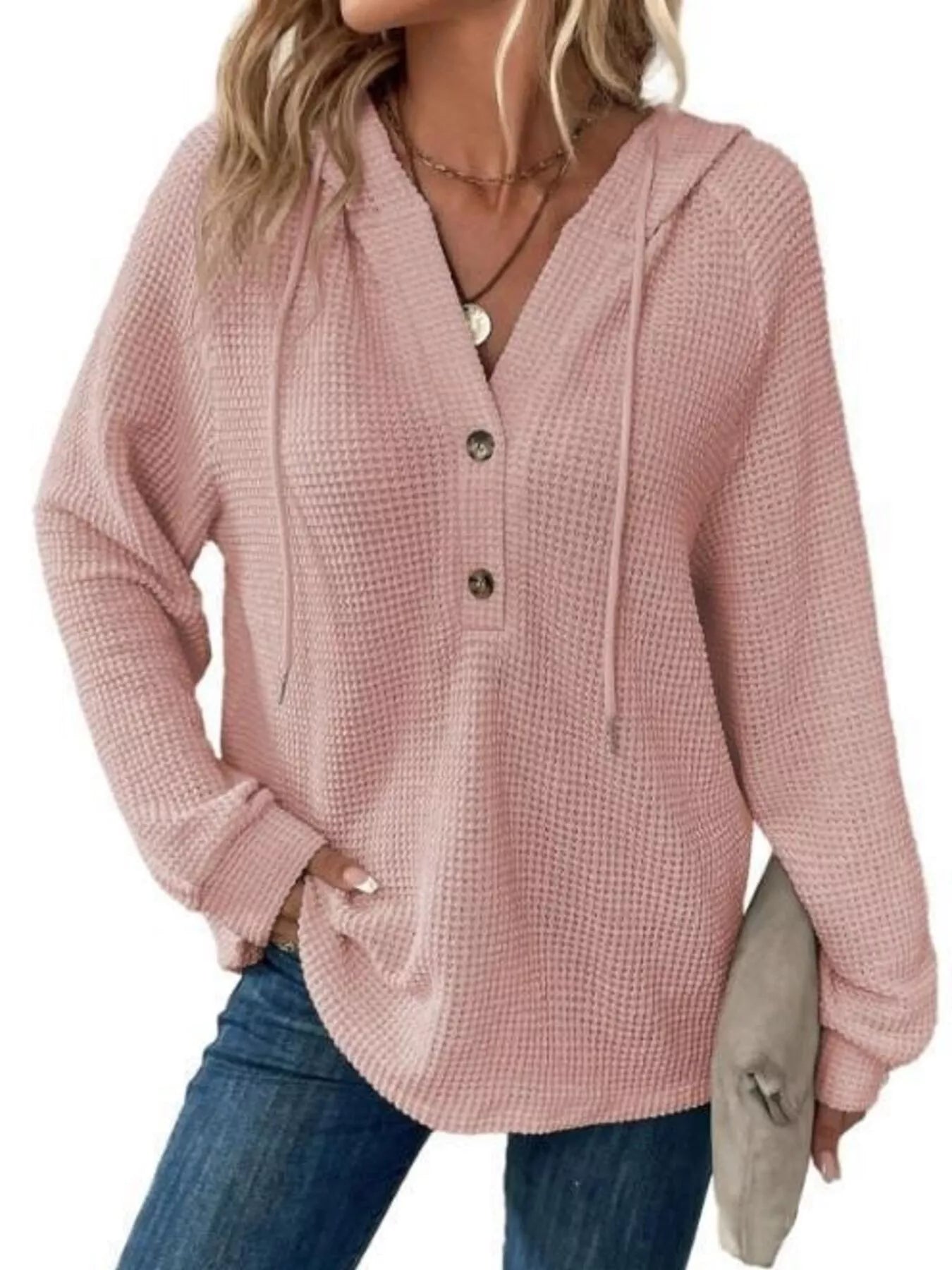 Full Size Button Detail Waffle Knit Hoodie Plus Size