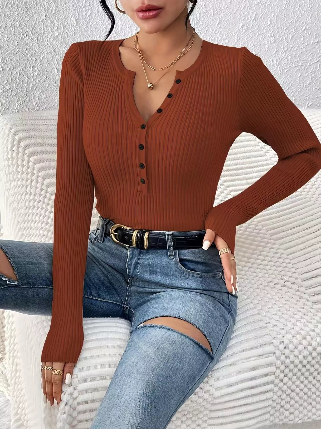 Ribbed Knit Button Front Knit Top