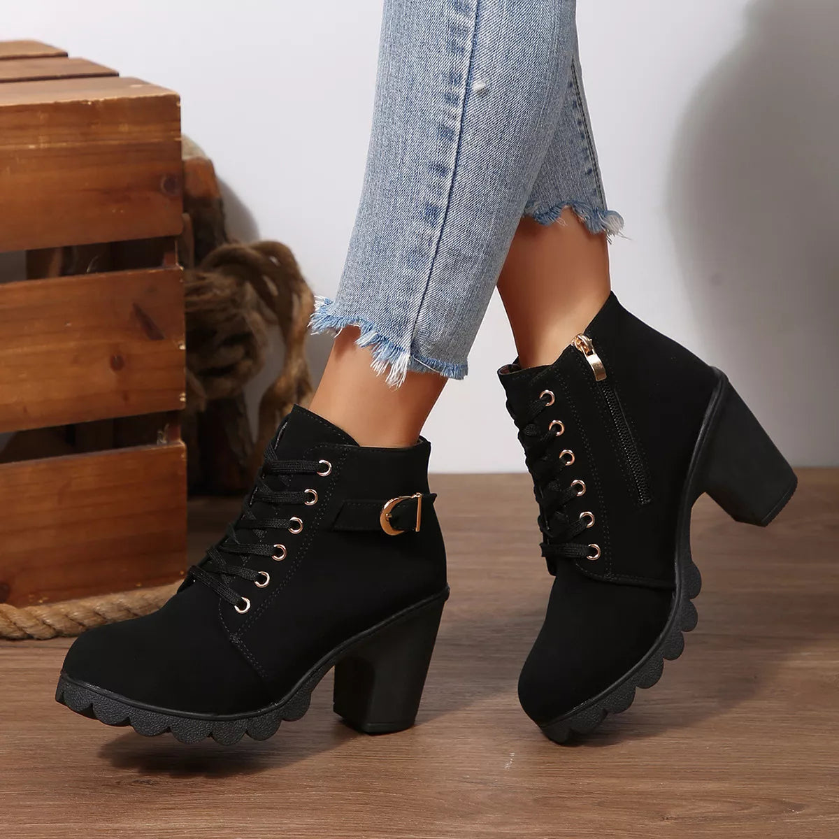 Lace-Up Buckle Chunky Heel Ankle Boots