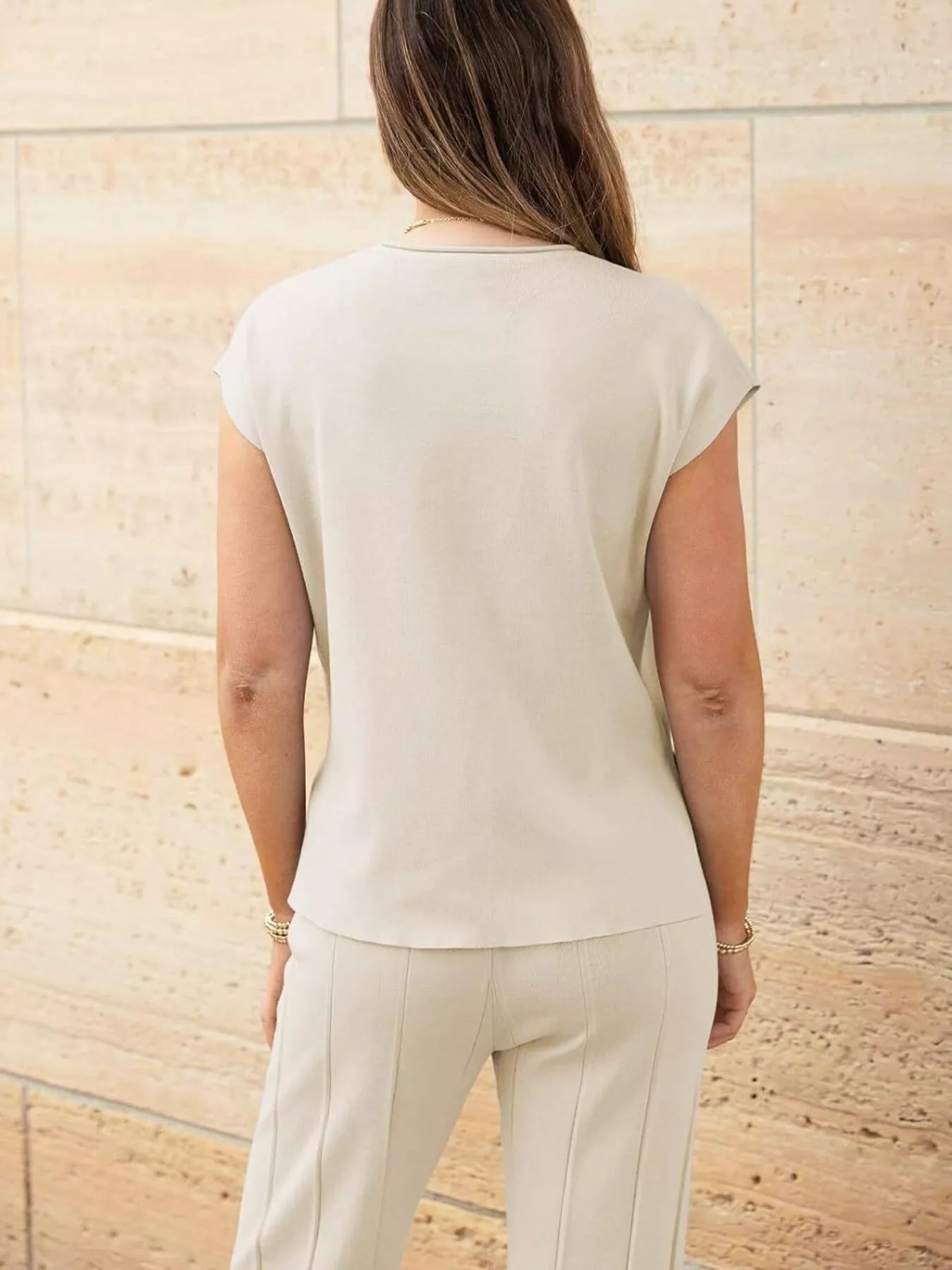 Casual Solid Color Cap Sleeve Top and Pants Knit Set