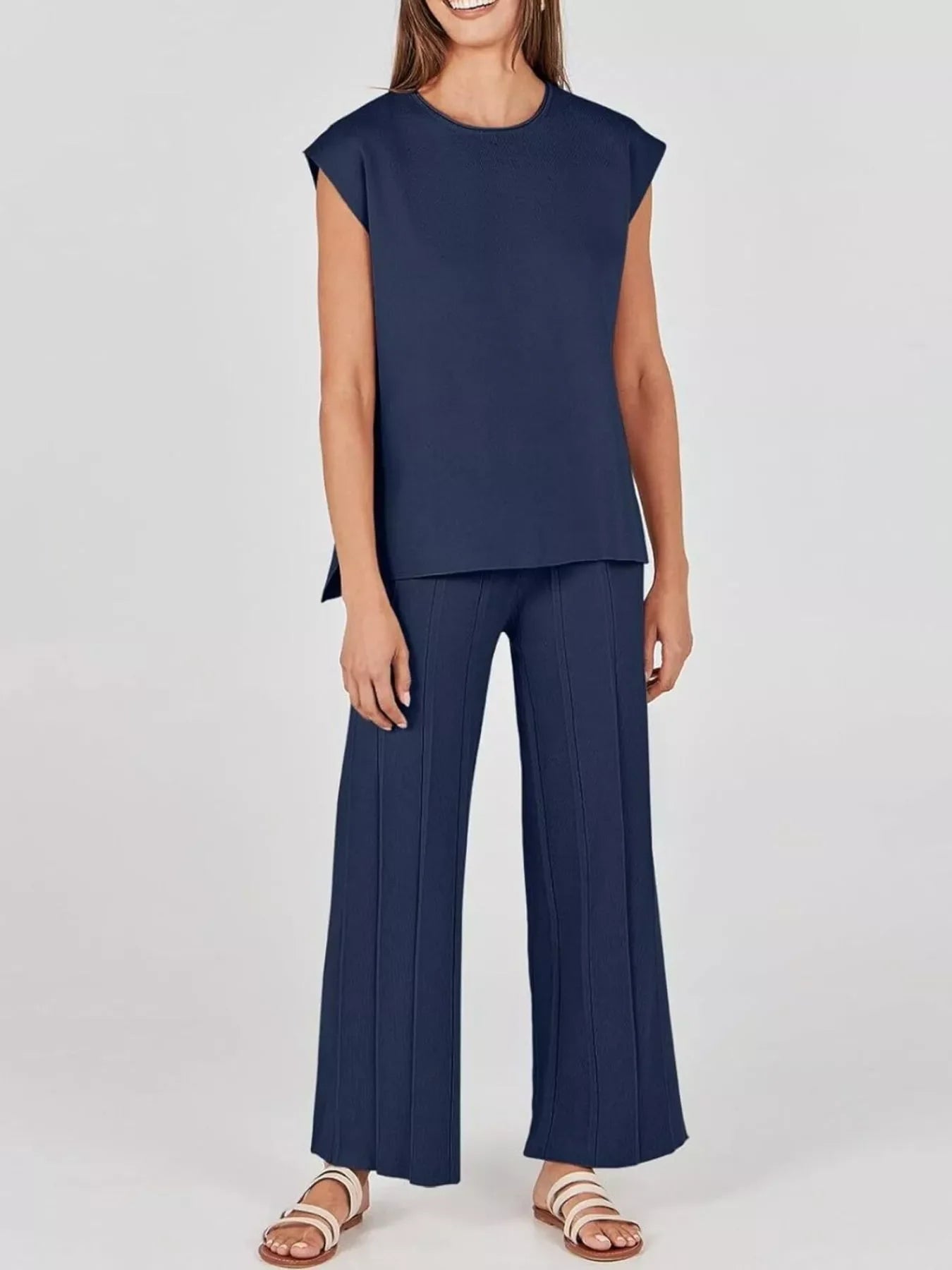 Casual Solid Color Cap Sleeve Top and Pants Knit Set