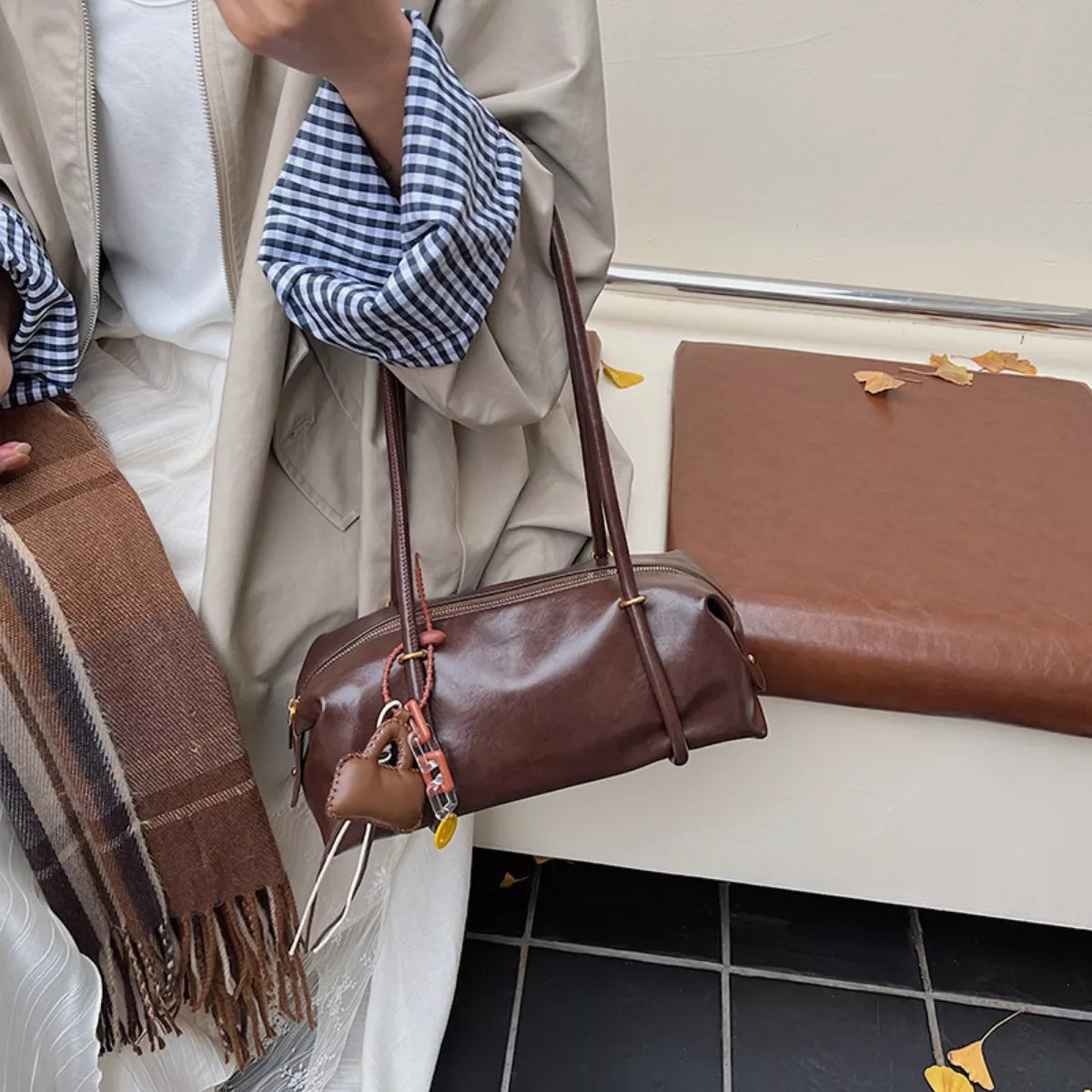 Leather Shoulder Bag with Charm