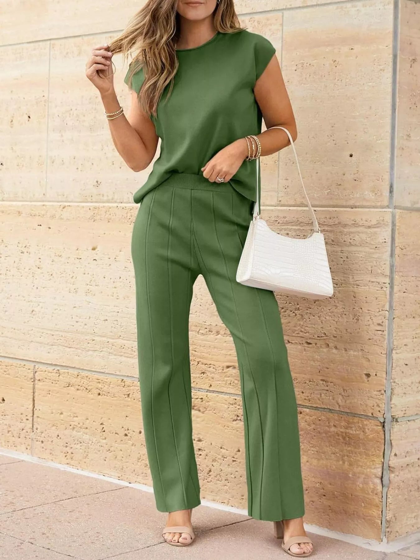 Casual Solid Color Cap Sleeve Top and Pants Knit Set