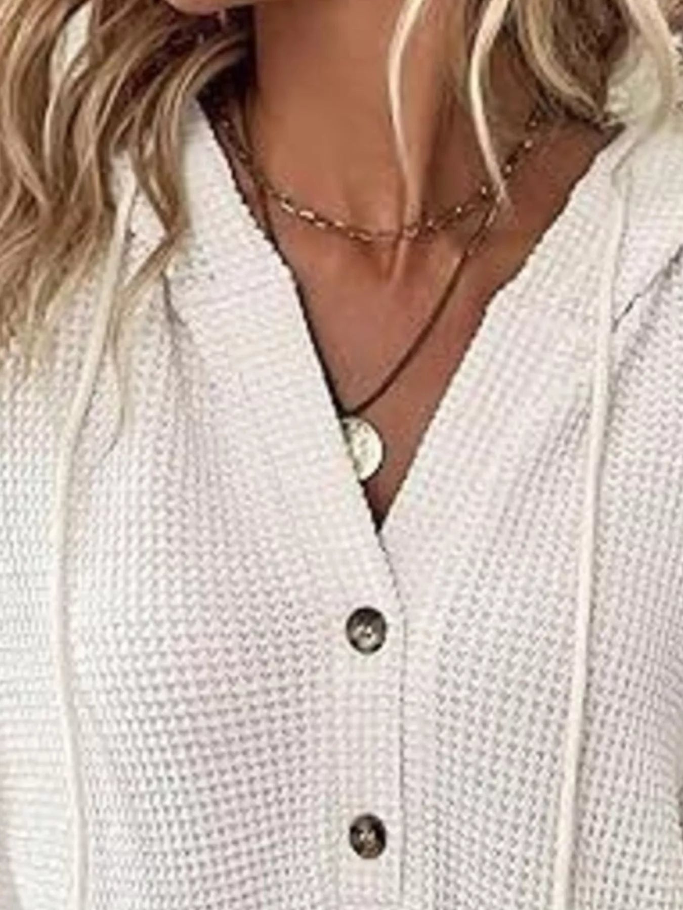 Full Size Button Detail Waffle Knit Hoodie Plus Size