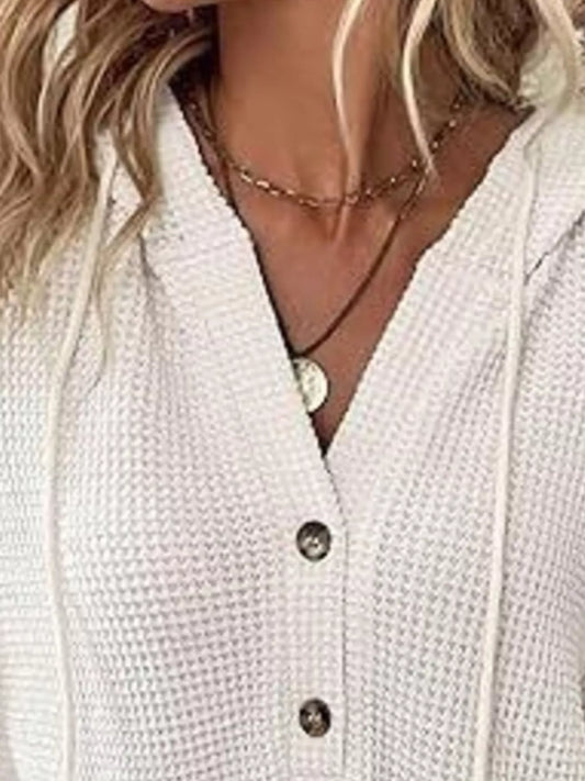 Full Size Button Detail Waffle Knit Hoodie Plus Size