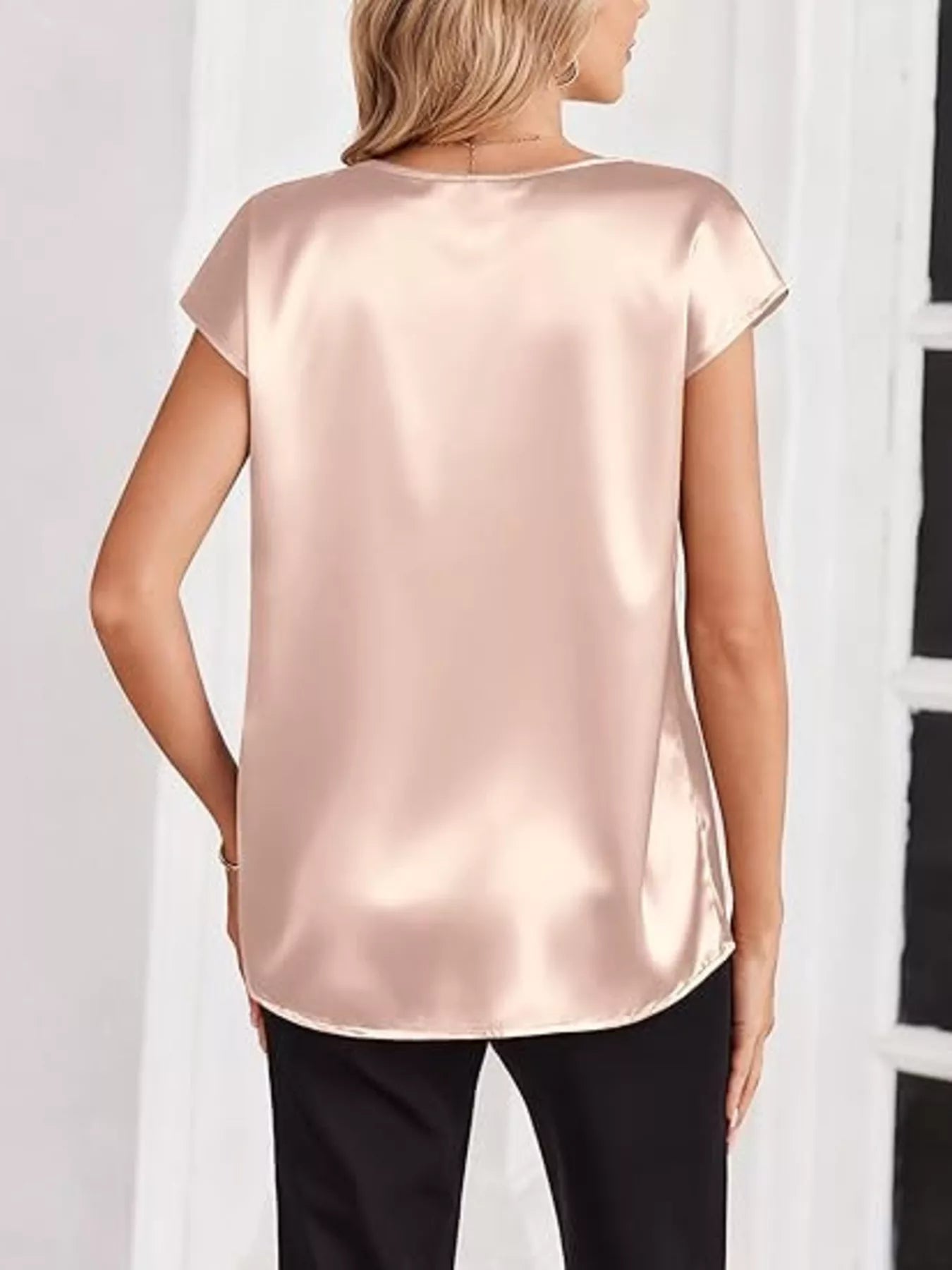 Satin V-Neck Short Sleeve Blouse