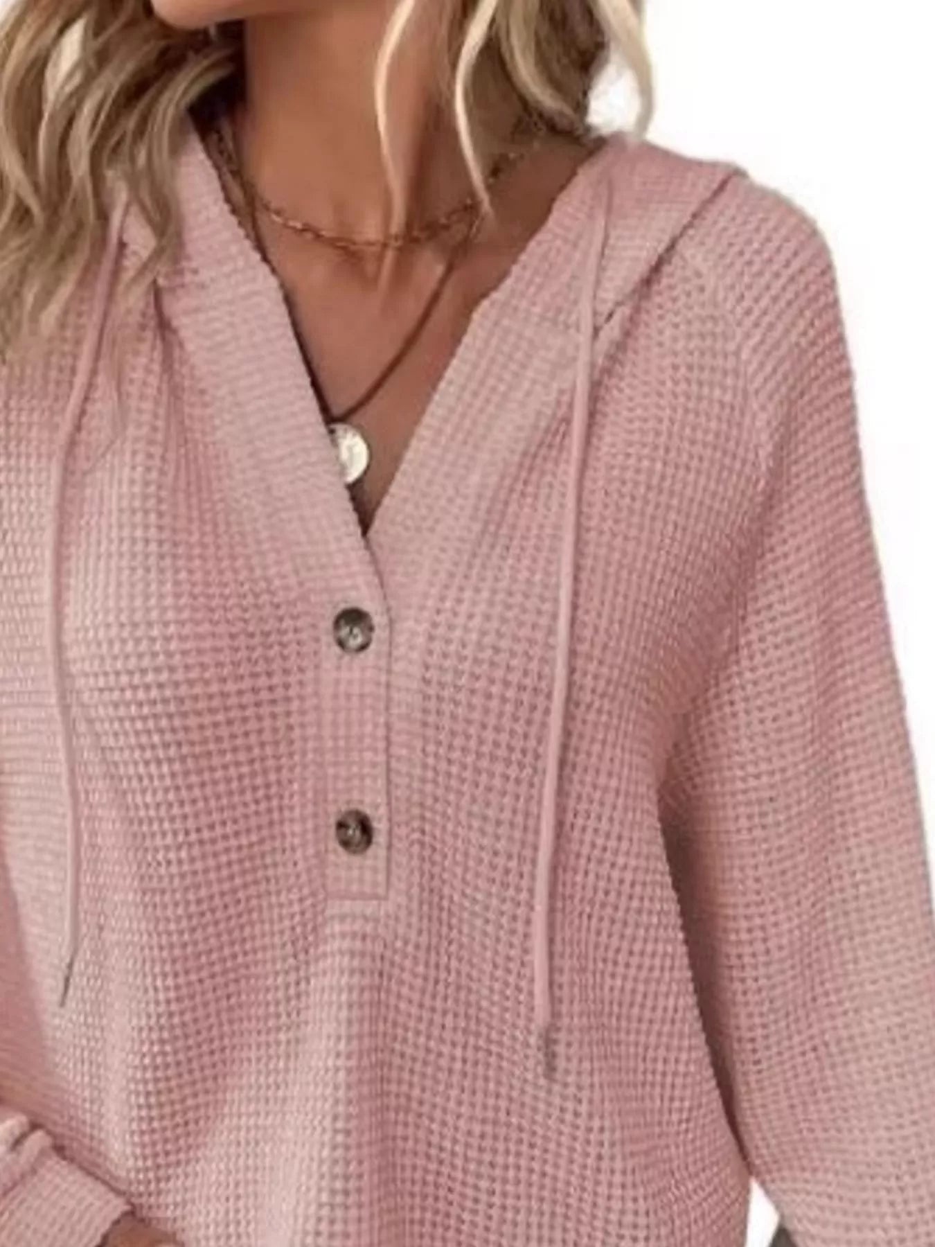 Full Size Button Detail Waffle Knit Hoodie Plus Size