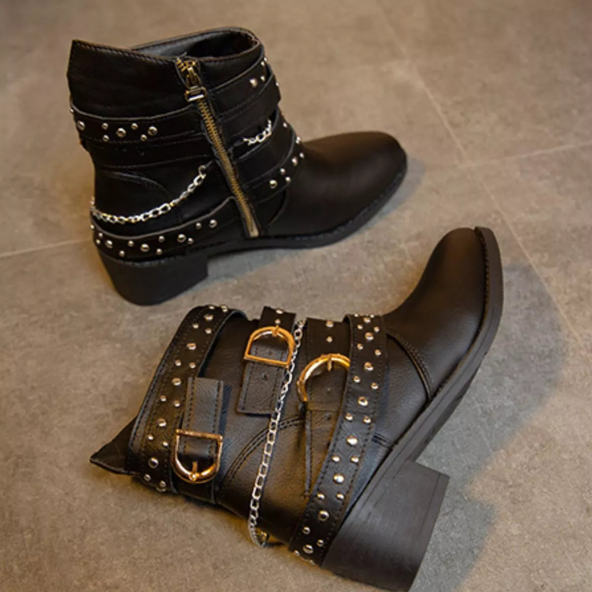 Studded Buckle Ankle Boots