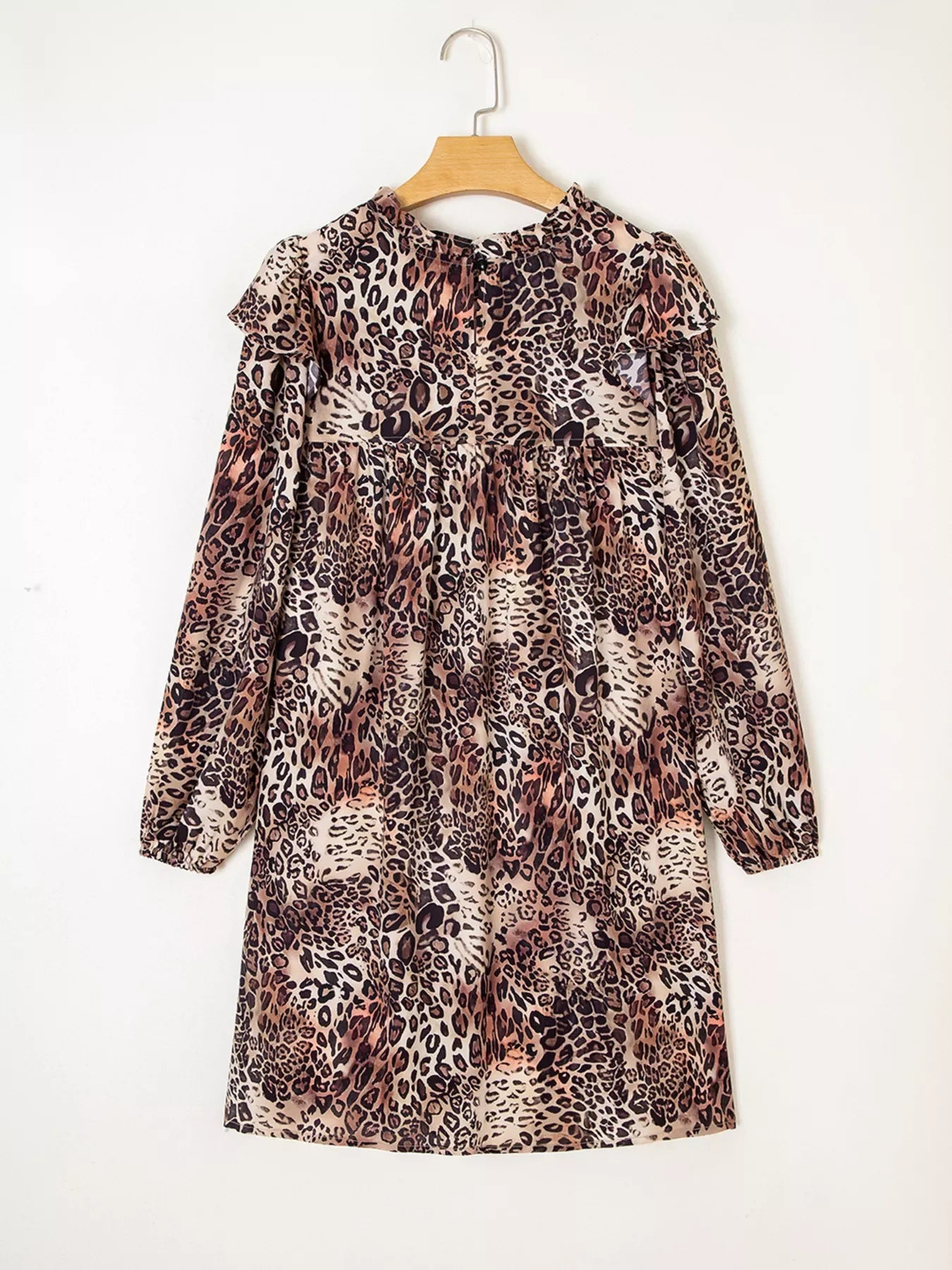 Leopard Ruffled Detail Long Sleeve Loose Mini Dress
